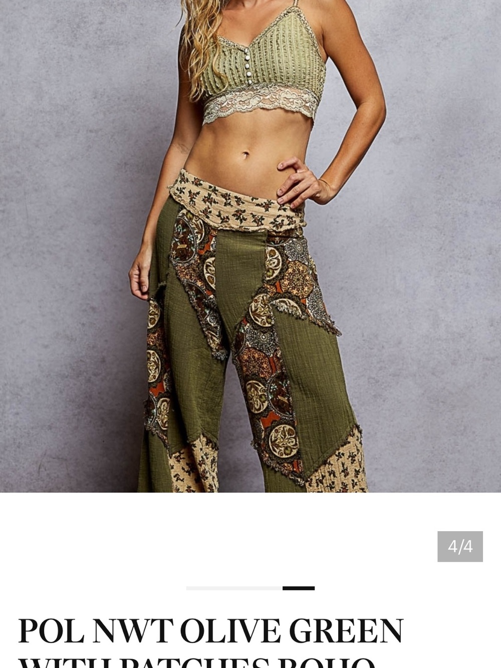 POL Olive Green Boho Patchwork Wide-Leg Pants